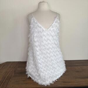 White Textured V-Neck Sleeveless Dress with Feather-Like Detail Large